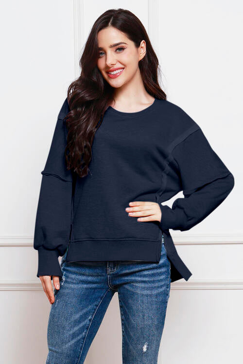 Exposed Seam High-Low Slit Sweatshirt - TRENDMELO