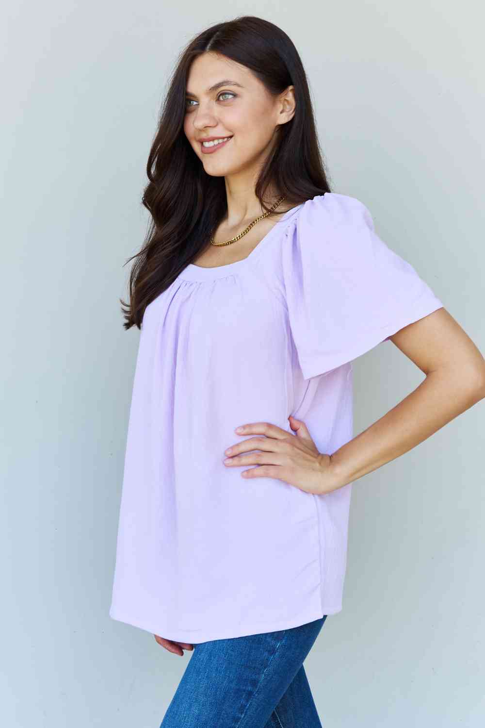 Ninexis Keep Me Close Square Neck Short Sleeve Blouse in Lavender - TRENDMELO