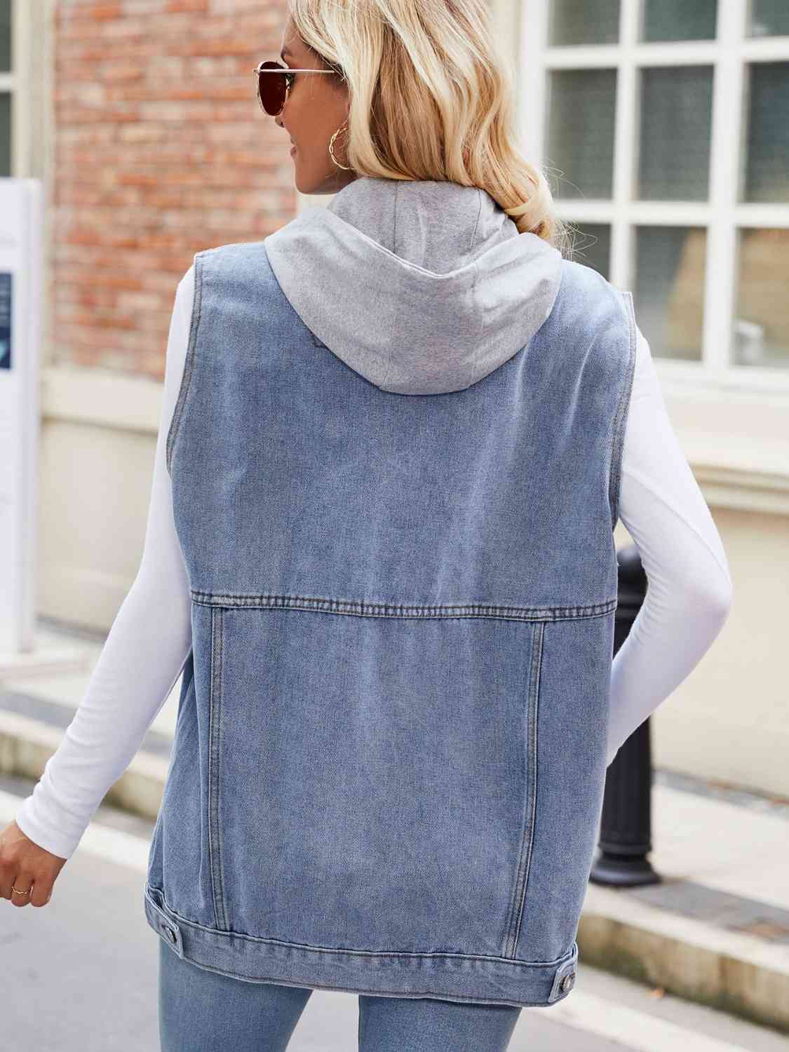 Drawstring Hooded Sleeveless Denim Jacket - TRENDMELO