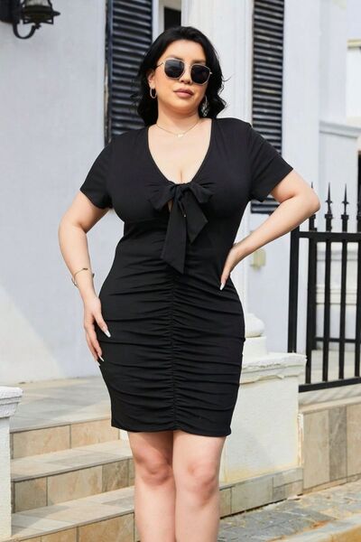 Plus Size Ruched Tied Short Sleeve Mini Dress - TRENDMELO