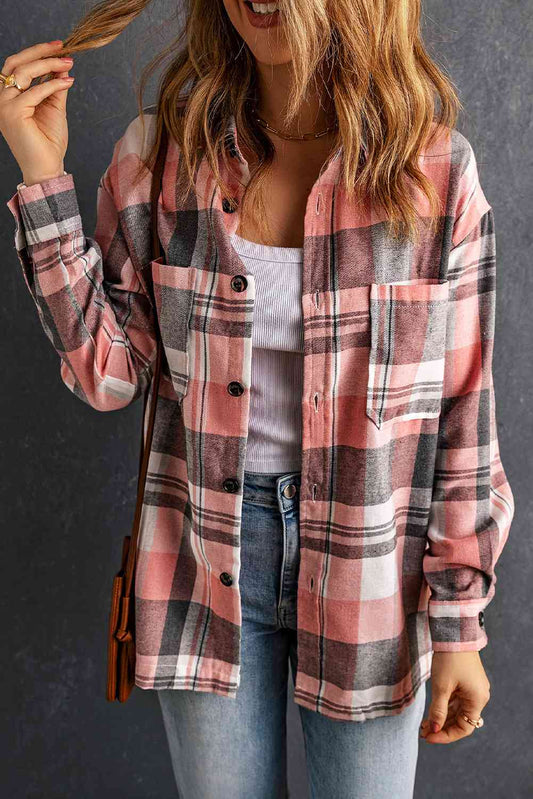 Double Take Plaid Dropped Shoulder Longline Shirt - TRENDMELO