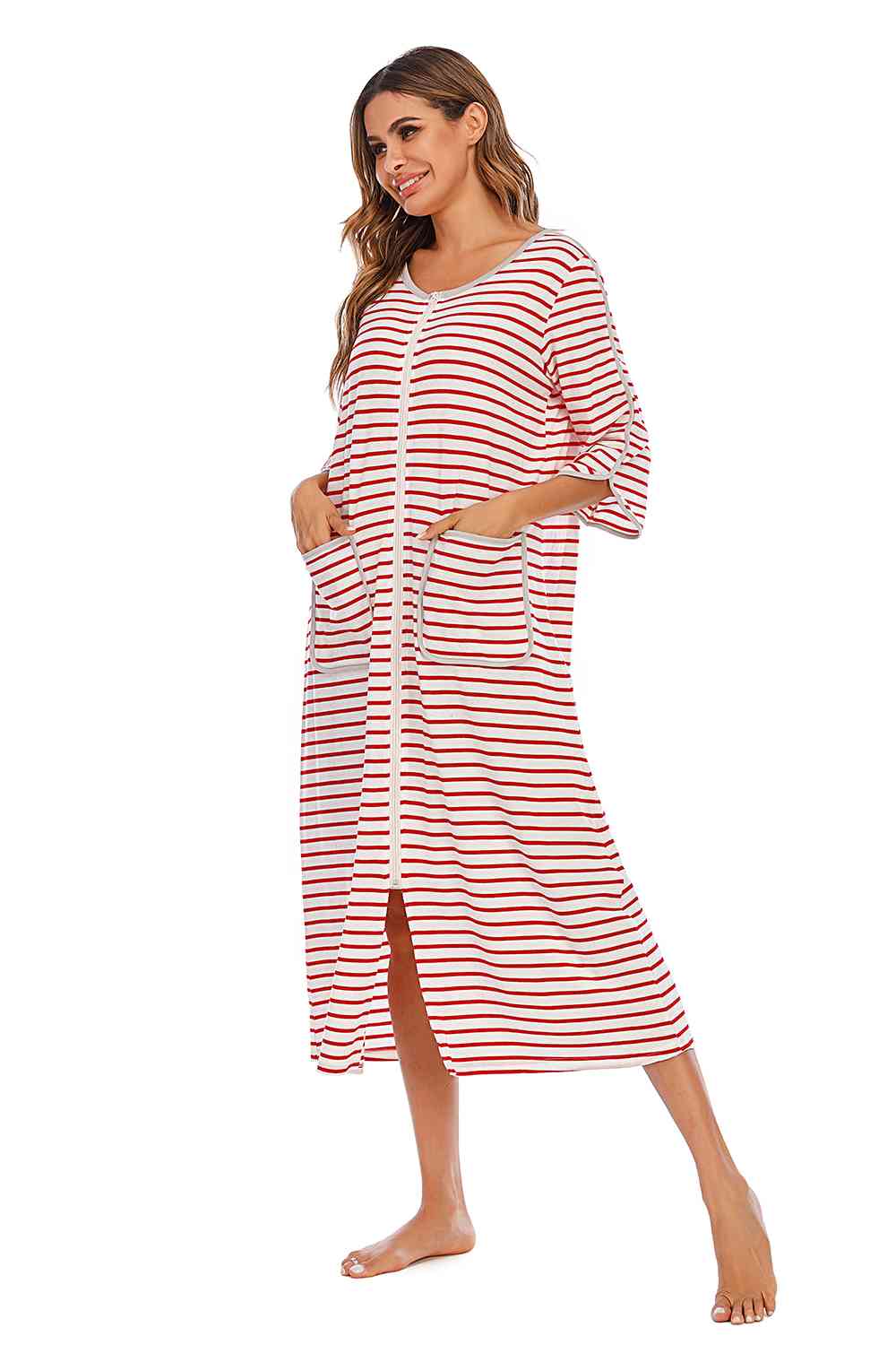 Round Neck Three-Quarter Sleeve Midi Night Dress - TRENDMELO