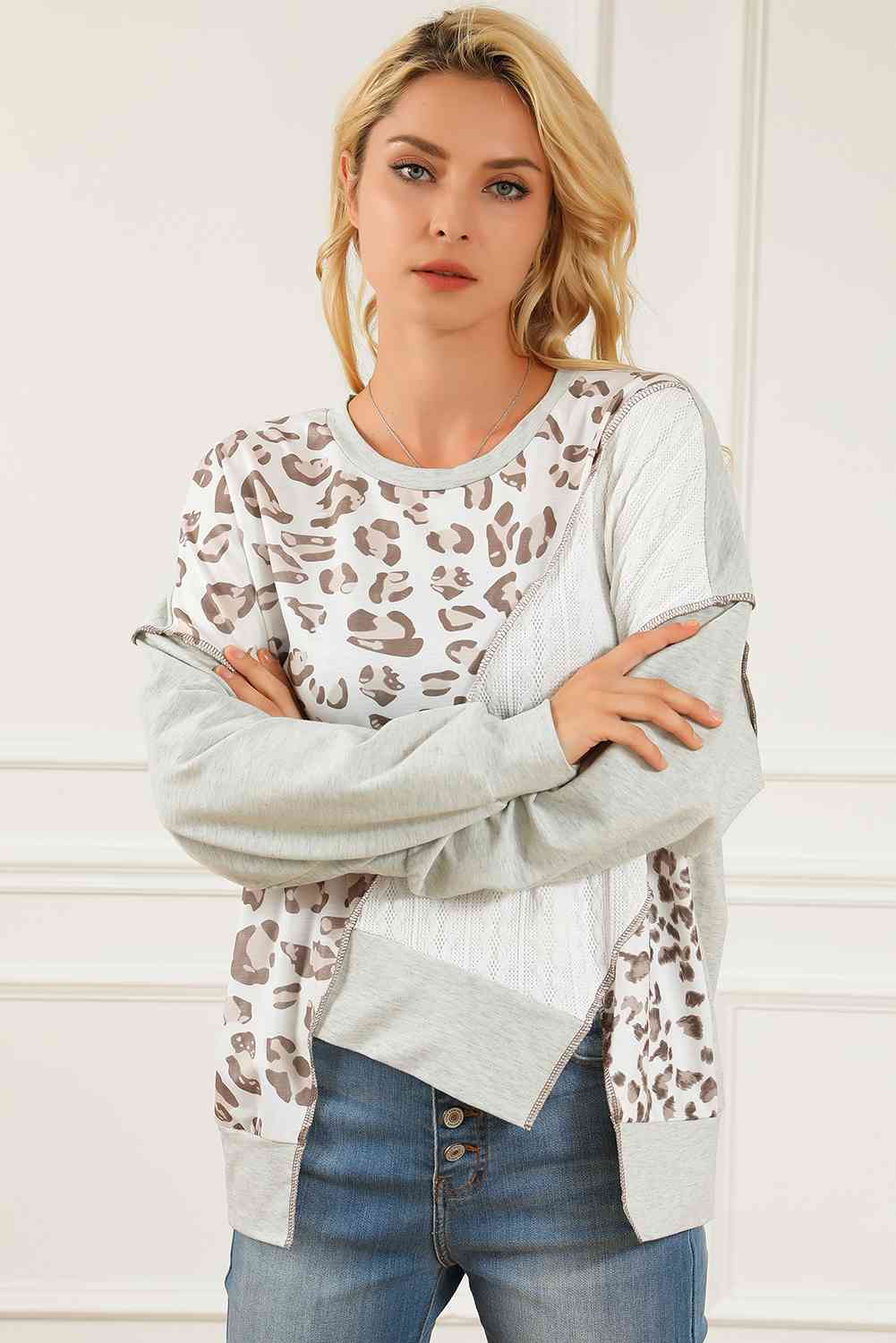 Leopard Exposed Seams Round Neck Sweatshirt - TRENDMELO