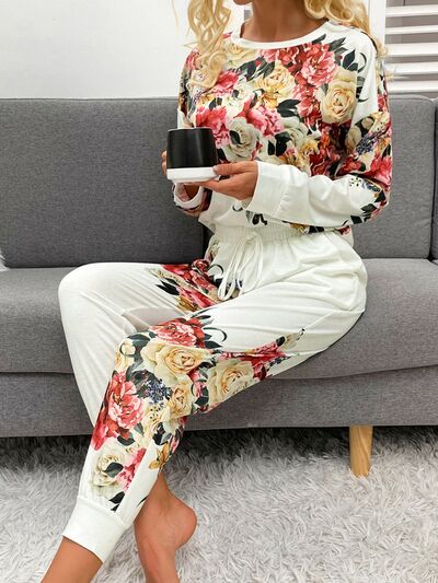 Printed Round Neck Top and Drawstring Pants Lounge Set - TRENDMELO