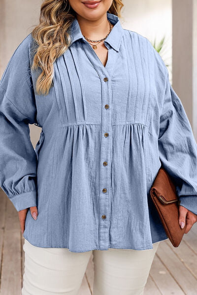 Plus Size High-Low Button Up Dropped Shoulder Shirt - TRENDMELO