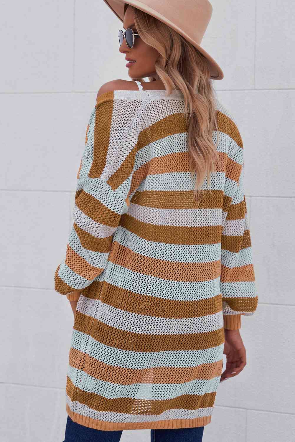 Full Size Striped Long Sleeve Openwork Cardigan - TRENDMELO