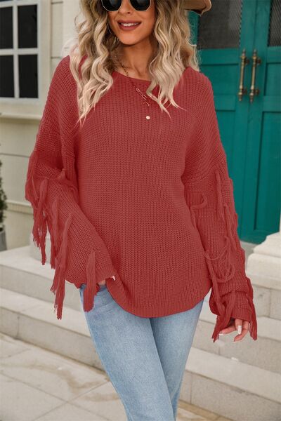 Fringe Round Neck Dropped Shoulder Sweater - TRENDMELO