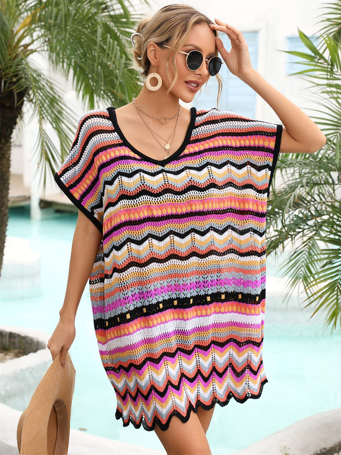 Rainbow Stripe Scalloped V-Neck Cover-Up Dress - TRENDMELO