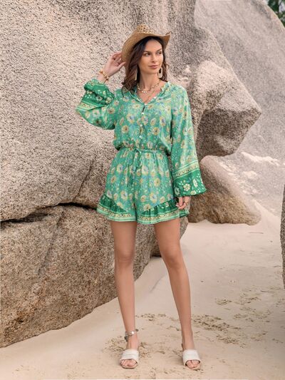 Printed Ruffled Balloon Sleeve Romper - TRENDMELO