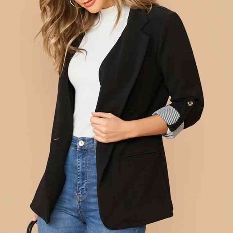 Lapel Collar Roll-Tab Sleeve Blazer - TRENDMELO