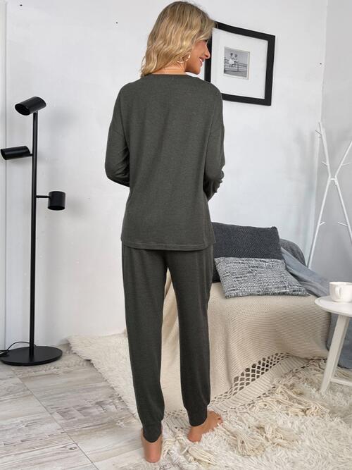 Round Neck Top and Drawstring Pants Lounge Set - TRENDMELO