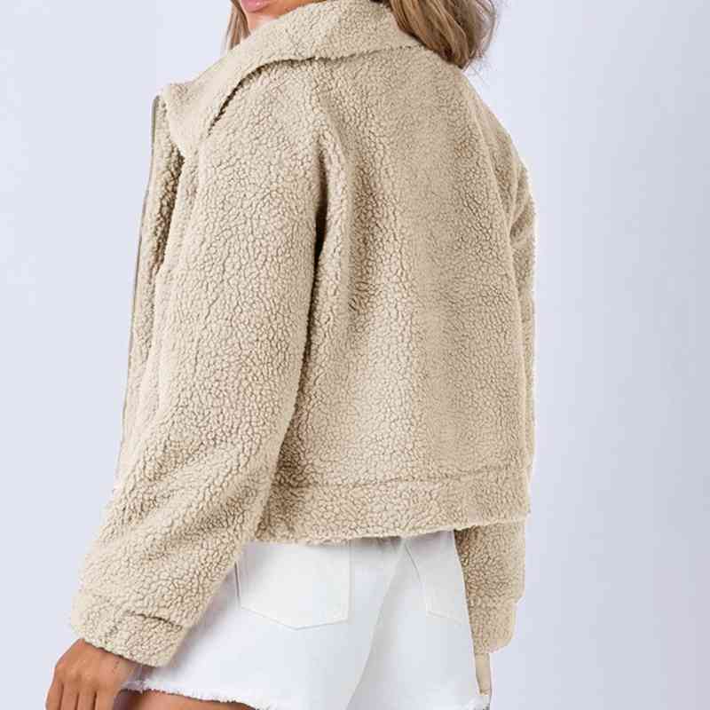 Long Sleeve Collared Neck Sherpa Jacket - TRENDMELO