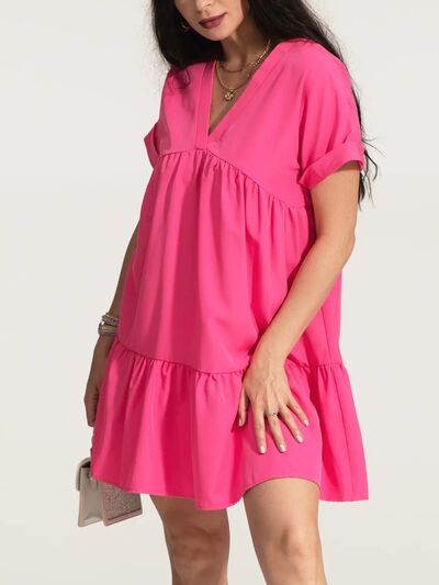 V-Neck Short Sleeve Ruffle Hem Dress - TRENDMELO