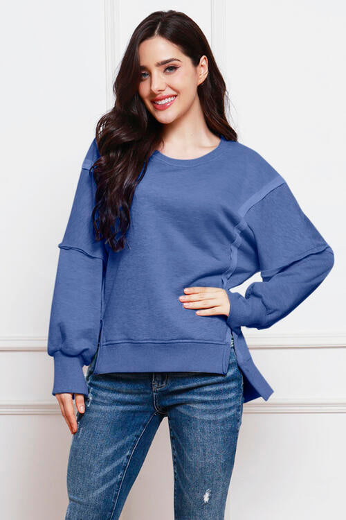 Exposed Seam High-Low Slit Sweatshirt - TRENDMELO