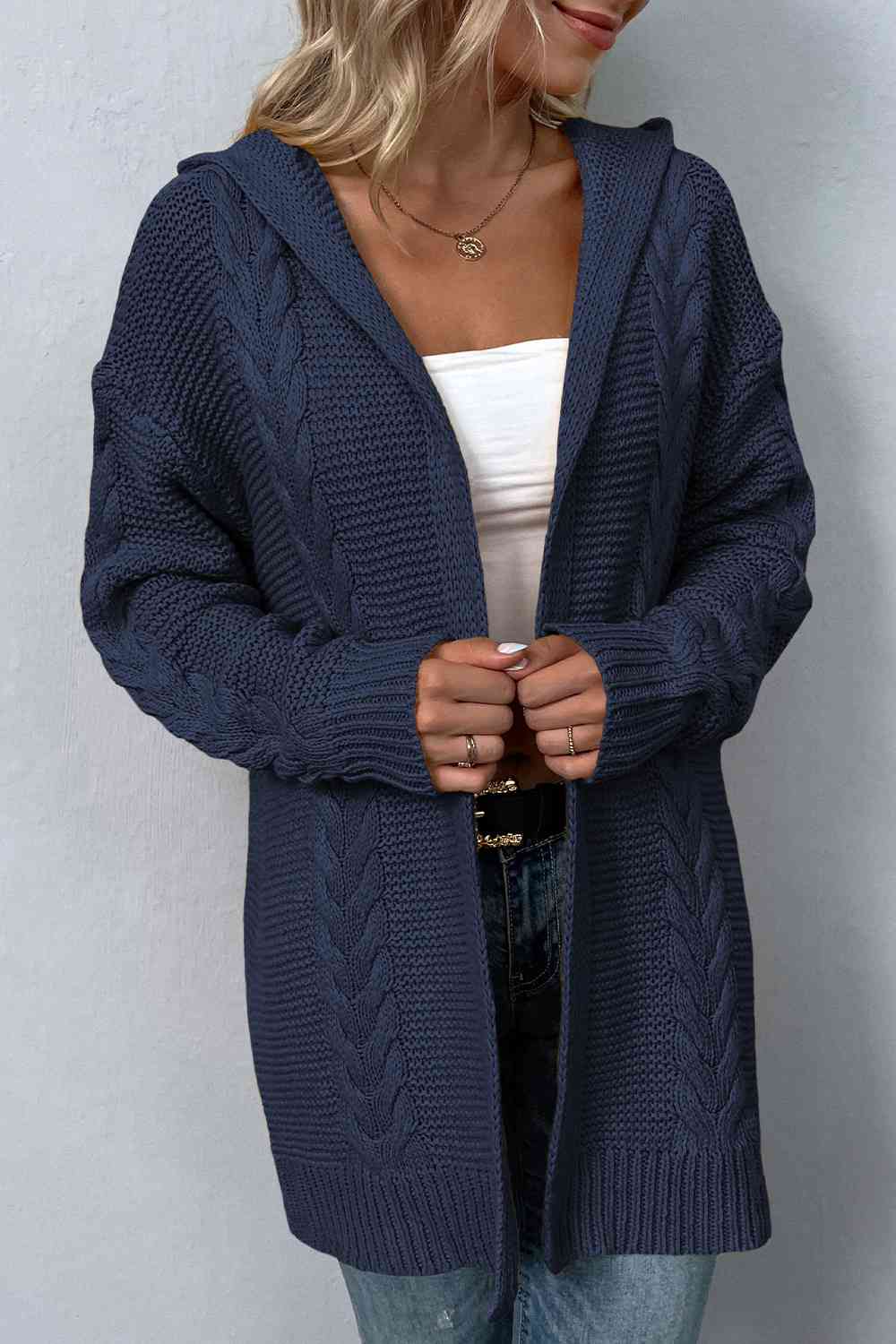 Cable-Knit Dropped Shoulder Hooded Cardigan - TRENDMELO