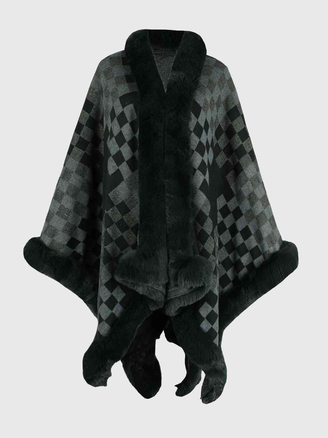 Checkered Faux Fur Trim Poncho - TRENDMELO