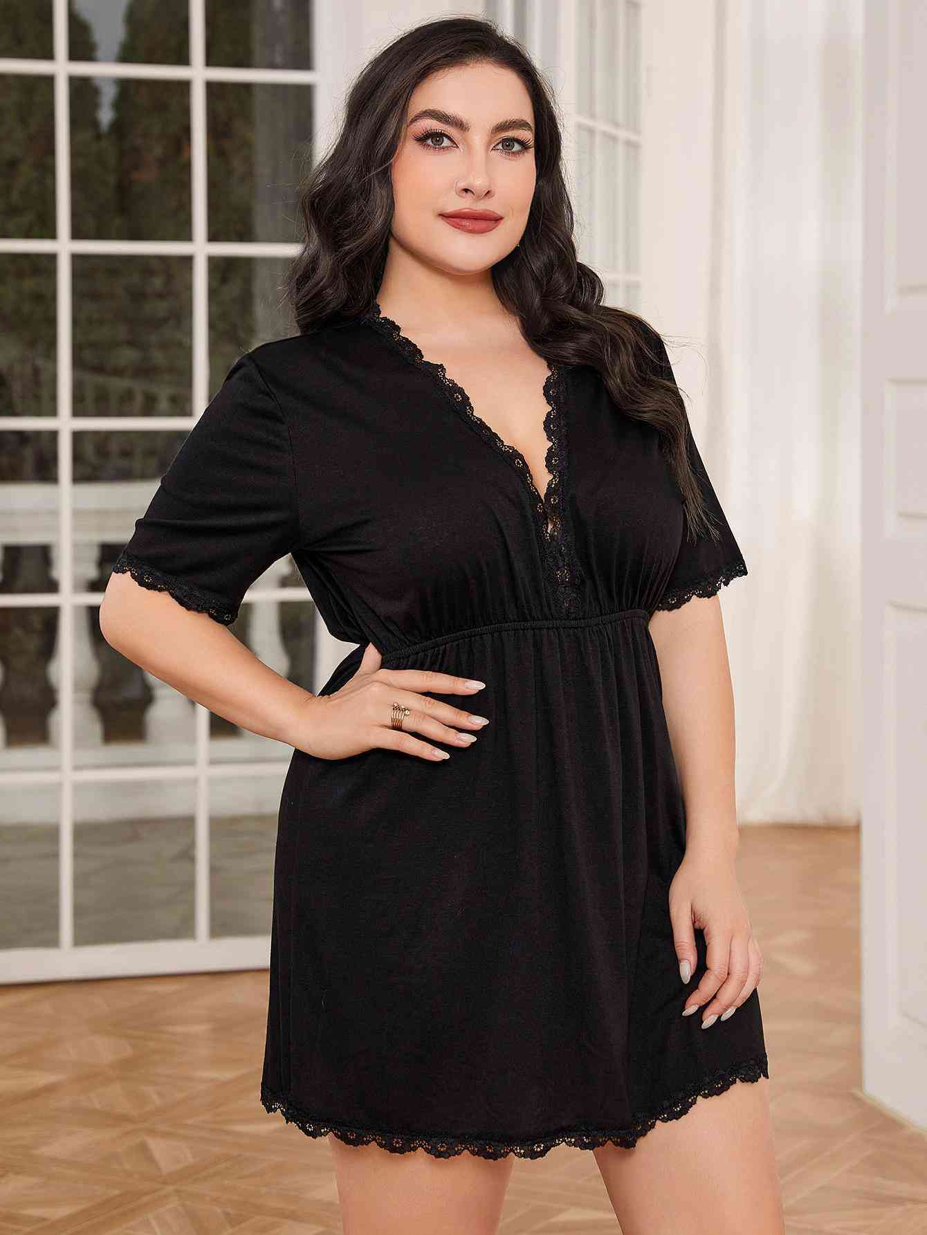 Plus Size Lace Trim Deep V Night Dress - TRENDMELO