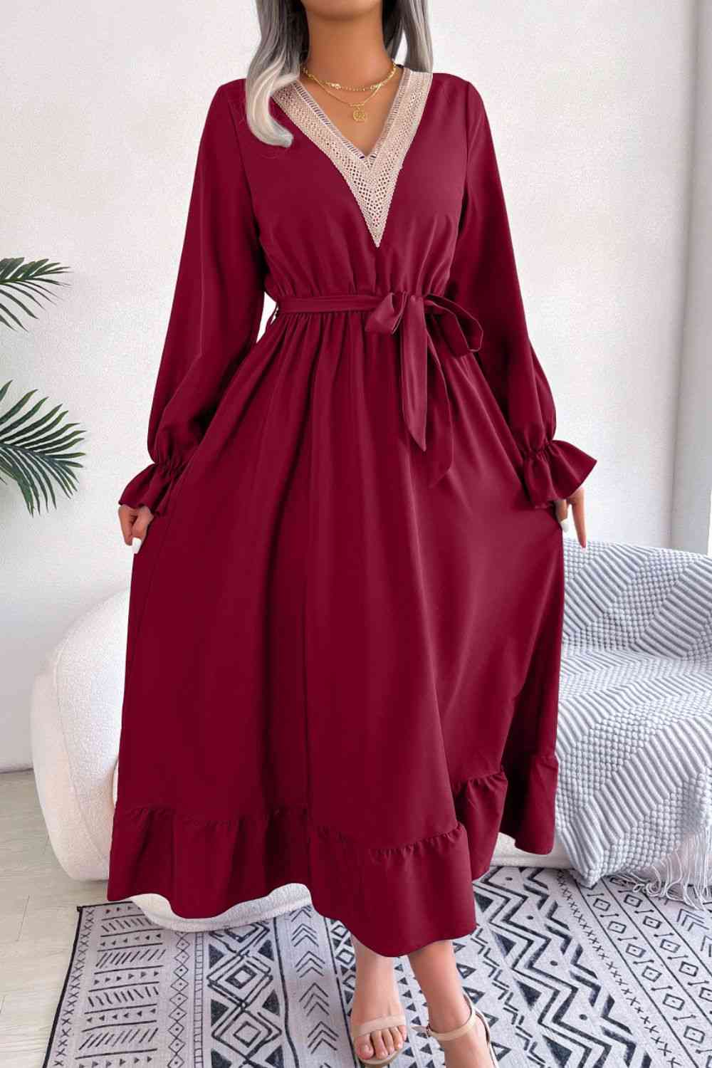 Contrast Belted Flounce Sleeve Dress - TRENDMELO