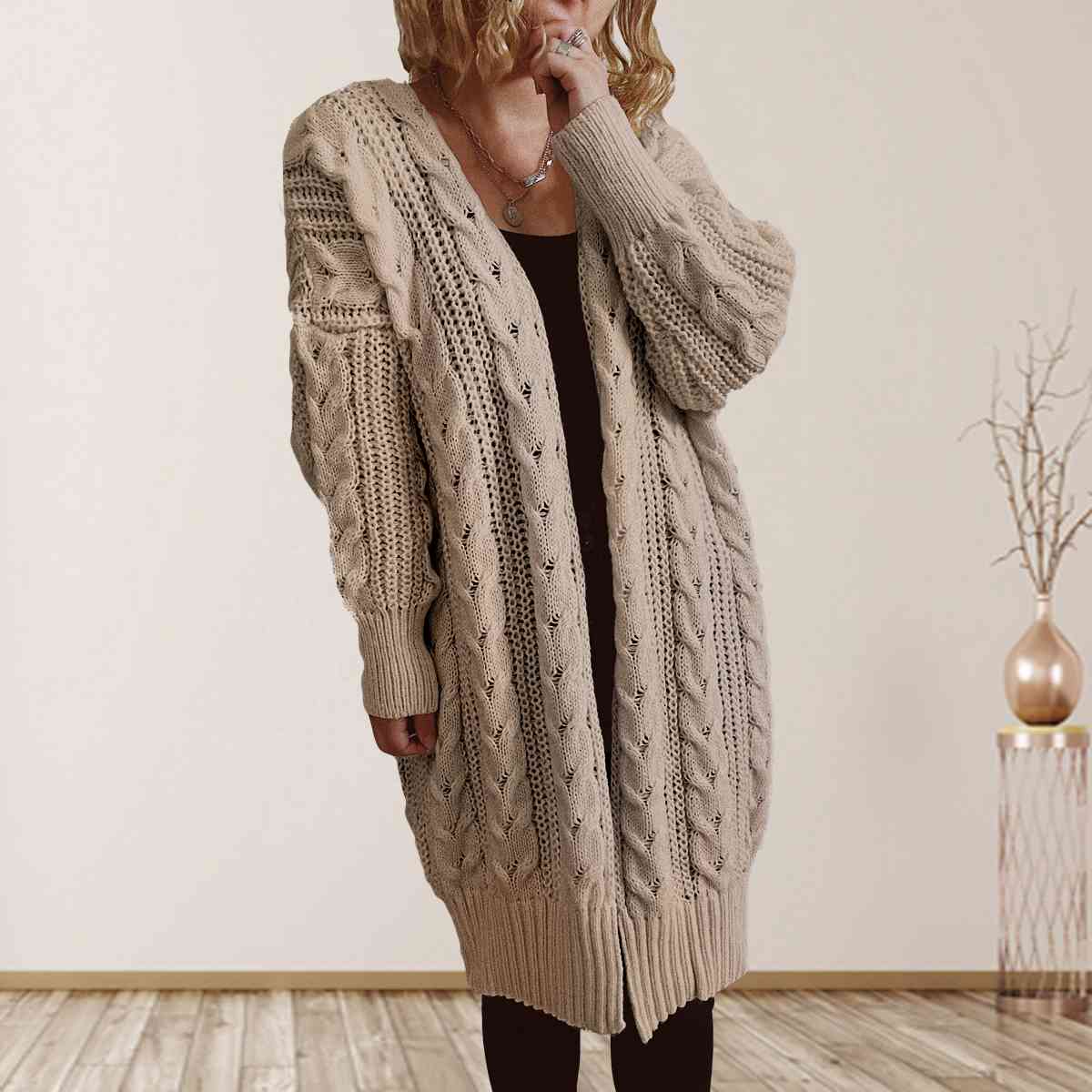 Cable-Knit Open Front Dropped Shoulder Cardigan - TRENDMELO