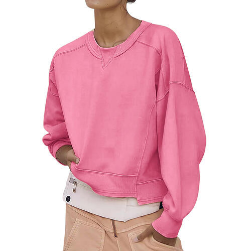 Round Neck Drop Shoulder Long Sleeve Sweatshirt - TRENDMELO