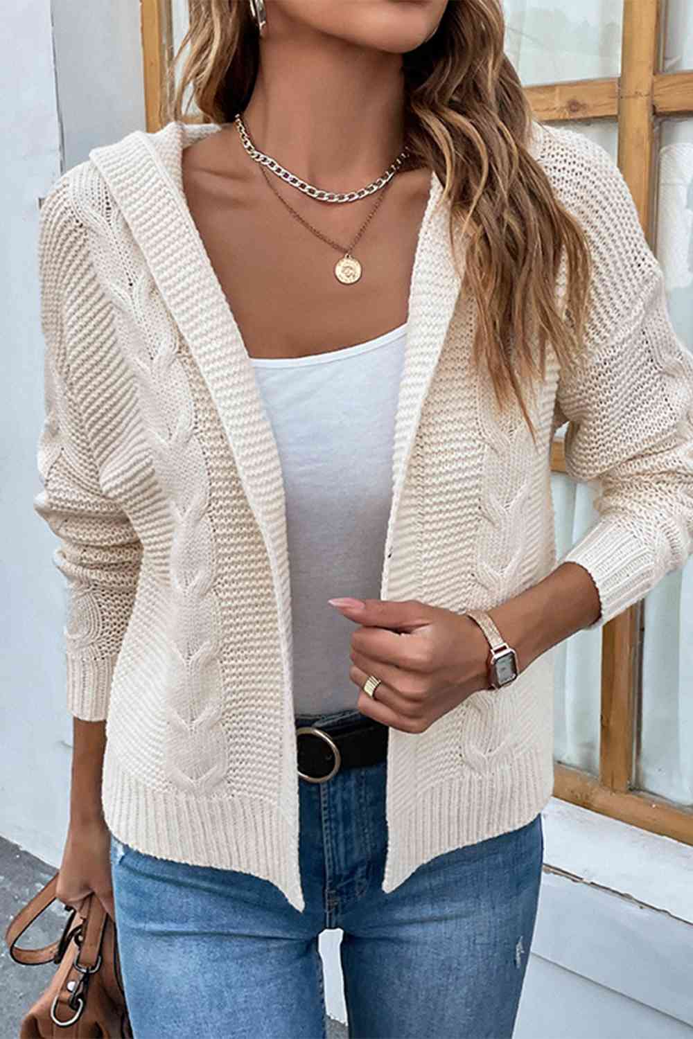 Cable-Knit Dropped Shoulder Hooded Cardigan - TRENDMELO