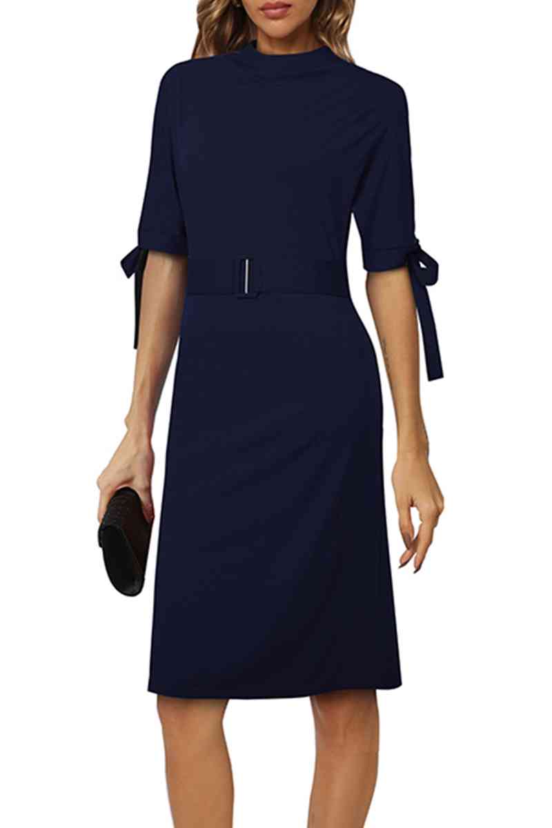 Round Neck Tie Sleeve Half Sleeve Dress - TRENDMELO