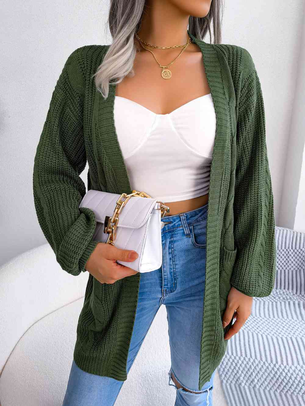 Cable-Knit Open Front Pocketed Cardigan - TRENDMELO