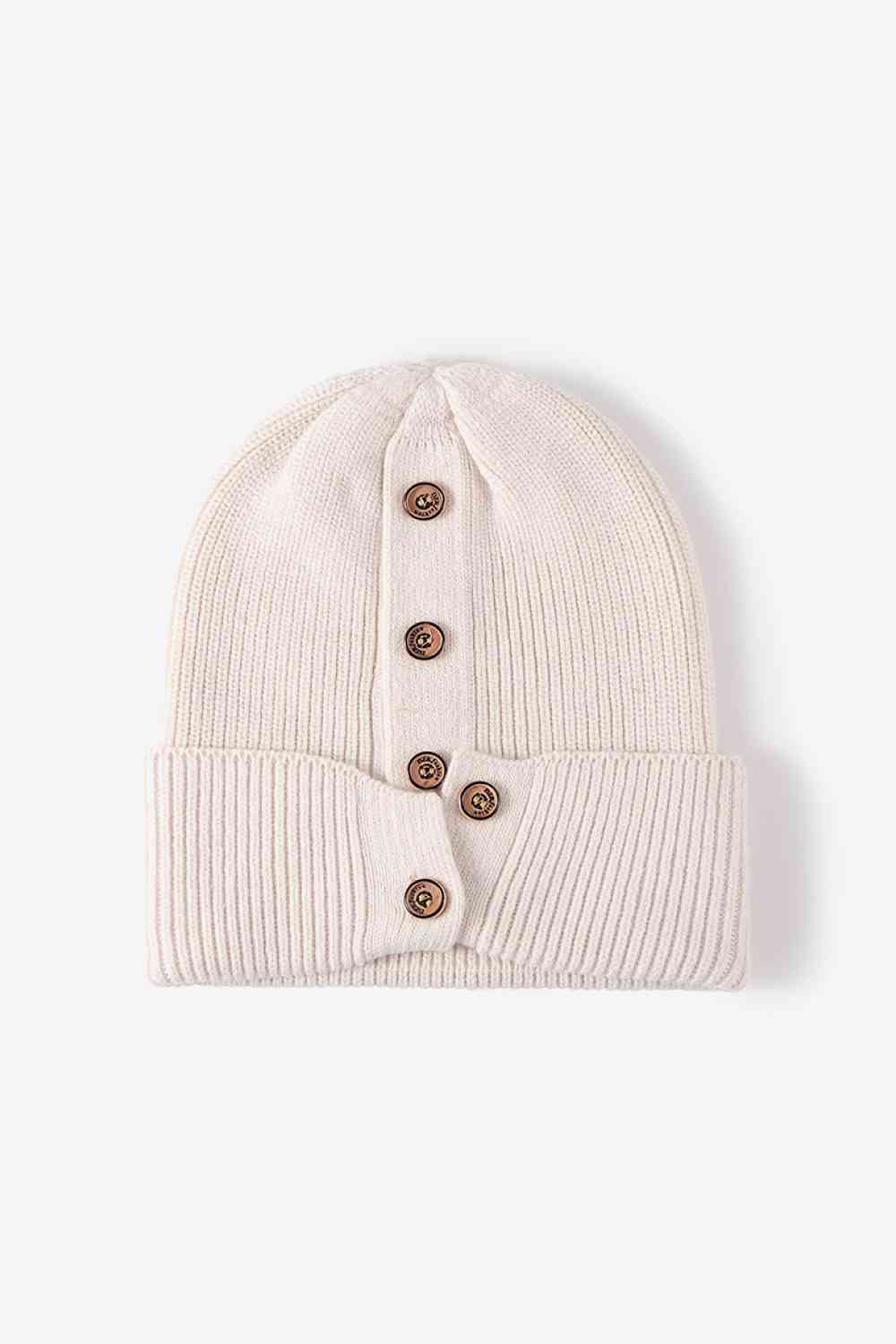 Button Detail Rib-Knit Cuff Beanie - TRENDMELO