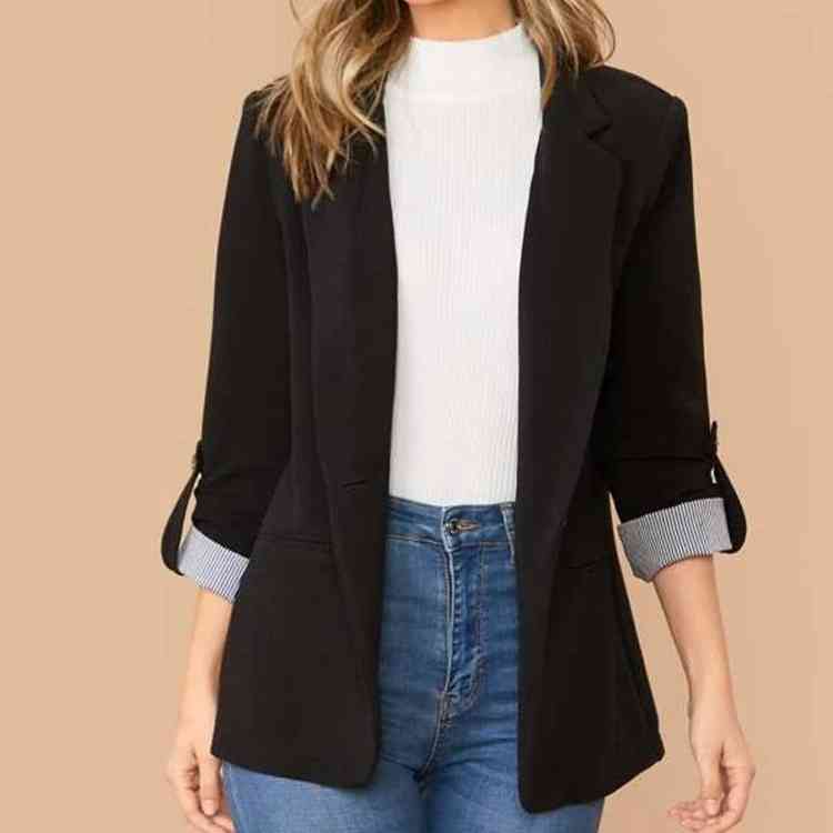 Lapel Collar Roll-Tab Sleeve Blazer - TRENDMELO