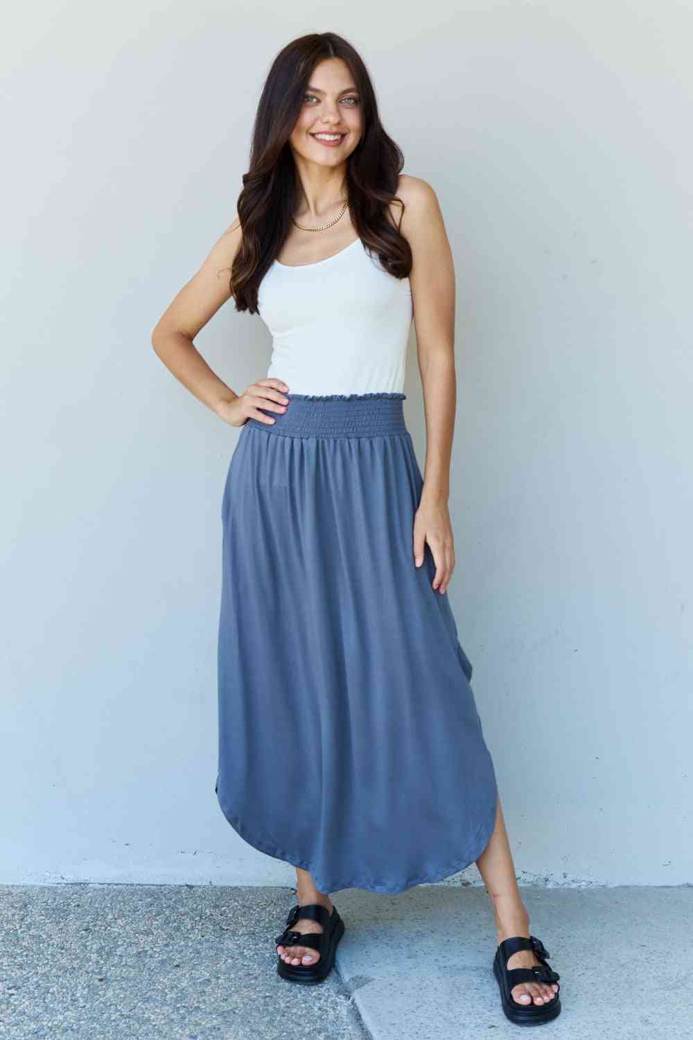 Doublju Comfort Princess Full Size High Waist Scoop Hem Maxi Skirt in Dusty Blue - TRENDMELO