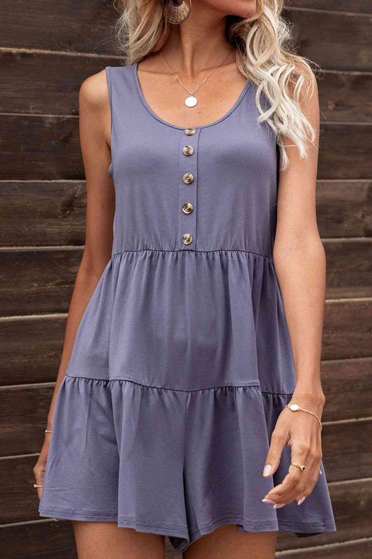 Decorative Button Tiered Sleeveless Romper - TRENDMELO