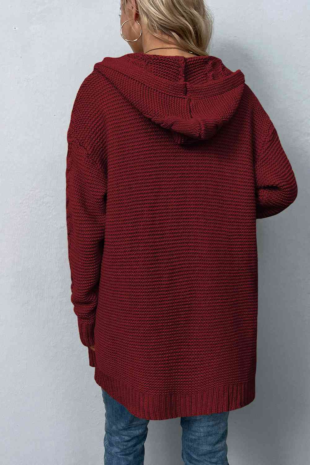 Cable-Knit Dropped Shoulder Hooded Cardigan - TRENDMELO