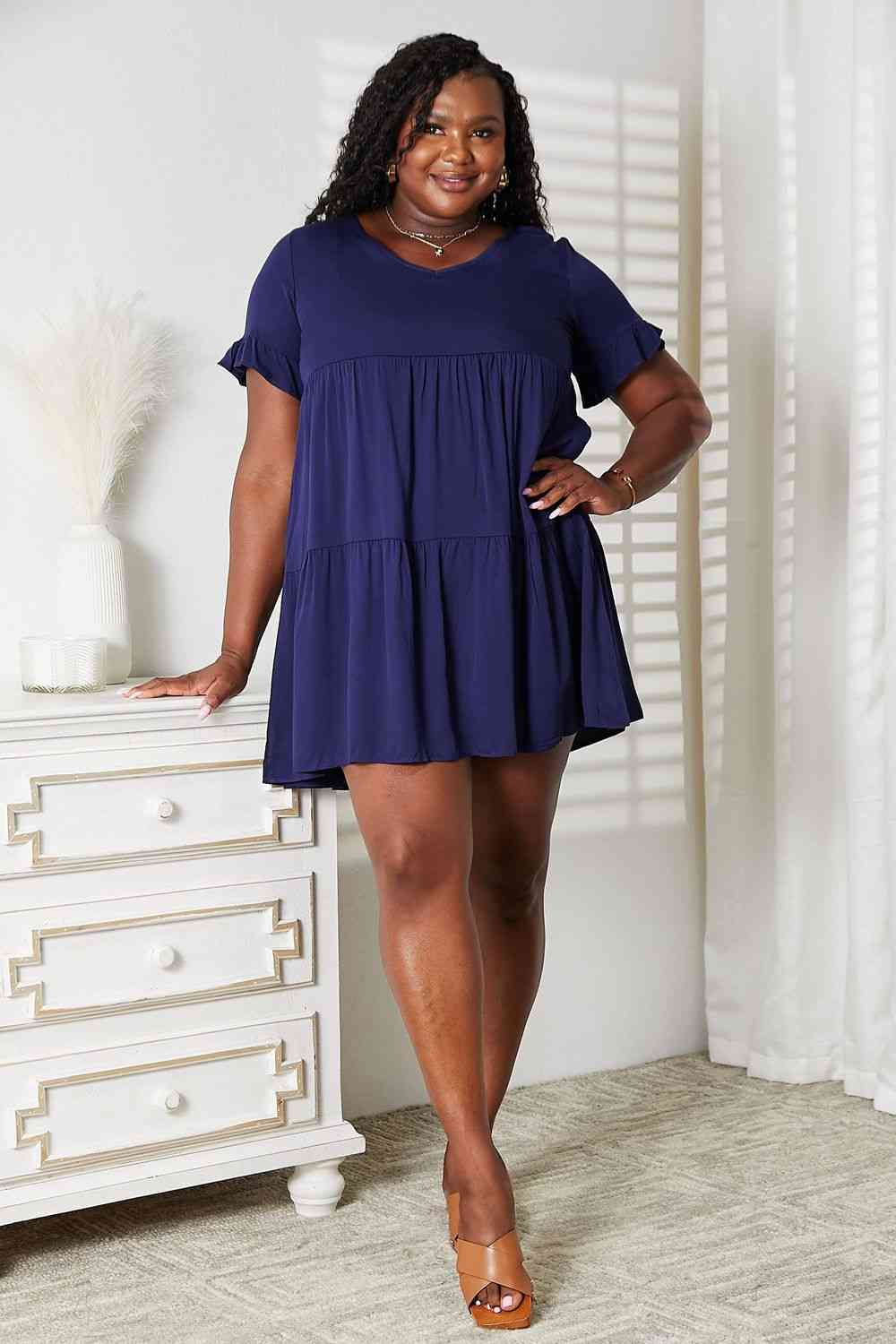 Double Take V-Neck Flounce Sleeve Tiered Dress - TRENDMELO