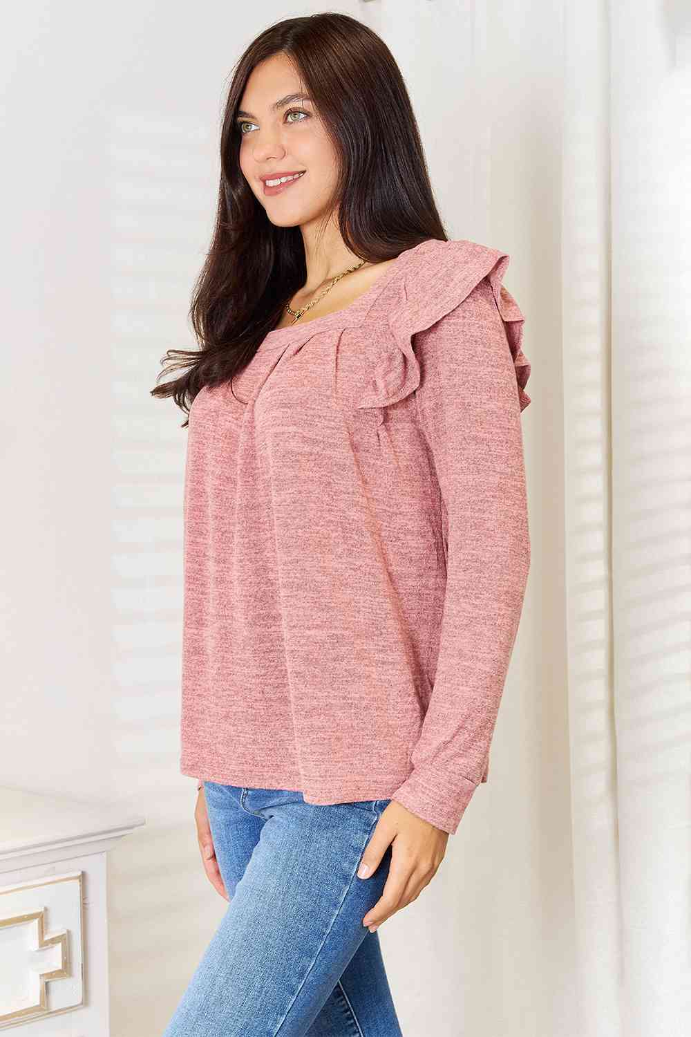 Double Take Square Neck Ruffle Shoulder Long Sleeve T-Shirt - TRENDMELO