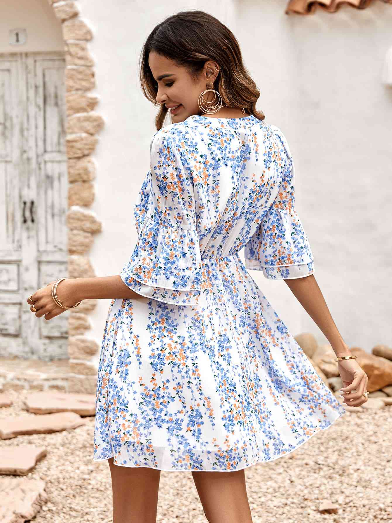 Floral Notched Neck Flounce Sleeve Dress - TRENDMELO