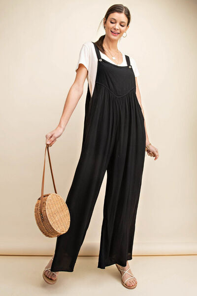 Kori America Full Size Sleeveless Ruched Wide Leg Overalls - TRENDMELO