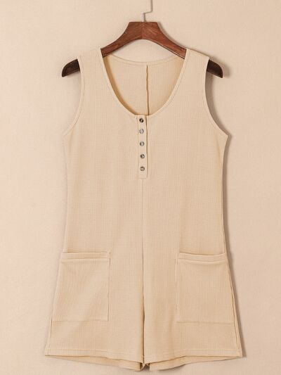 Waffle-Knit Half Button Sleeveless Romper with Pockets - TRENDMELO