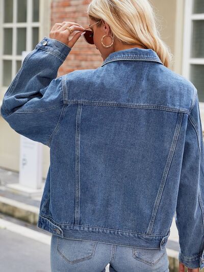 Pocketed Collared Neck Denim Jacket - TRENDMELO