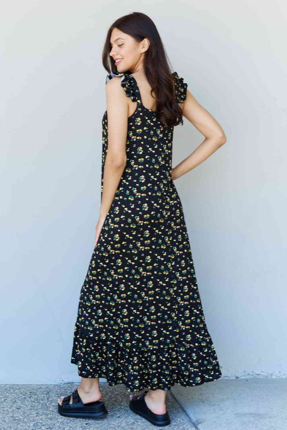 Doublju In The Garden Ruffle Floral Maxi Dress in Black Yellow Floral - TRENDMELO