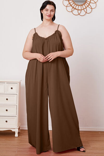 Full Size Ruffle Trim Tie Back Cami Jumpsuit with Pockets - TRENDMELO