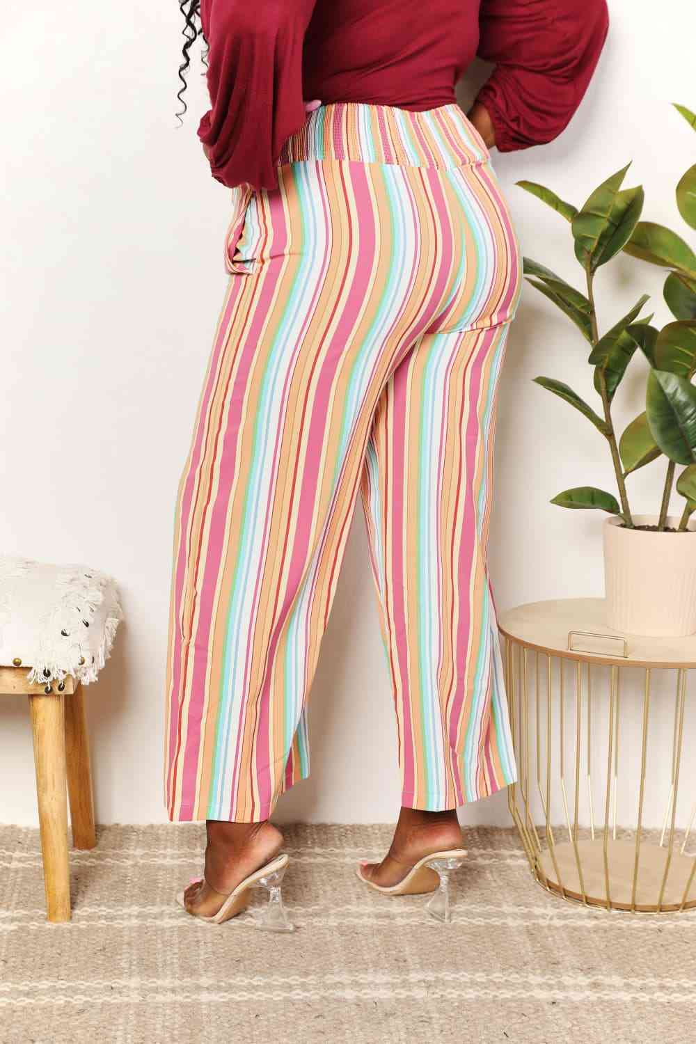 Double Take Striped Smocked Waist Pants with Pockets - TRENDMELO