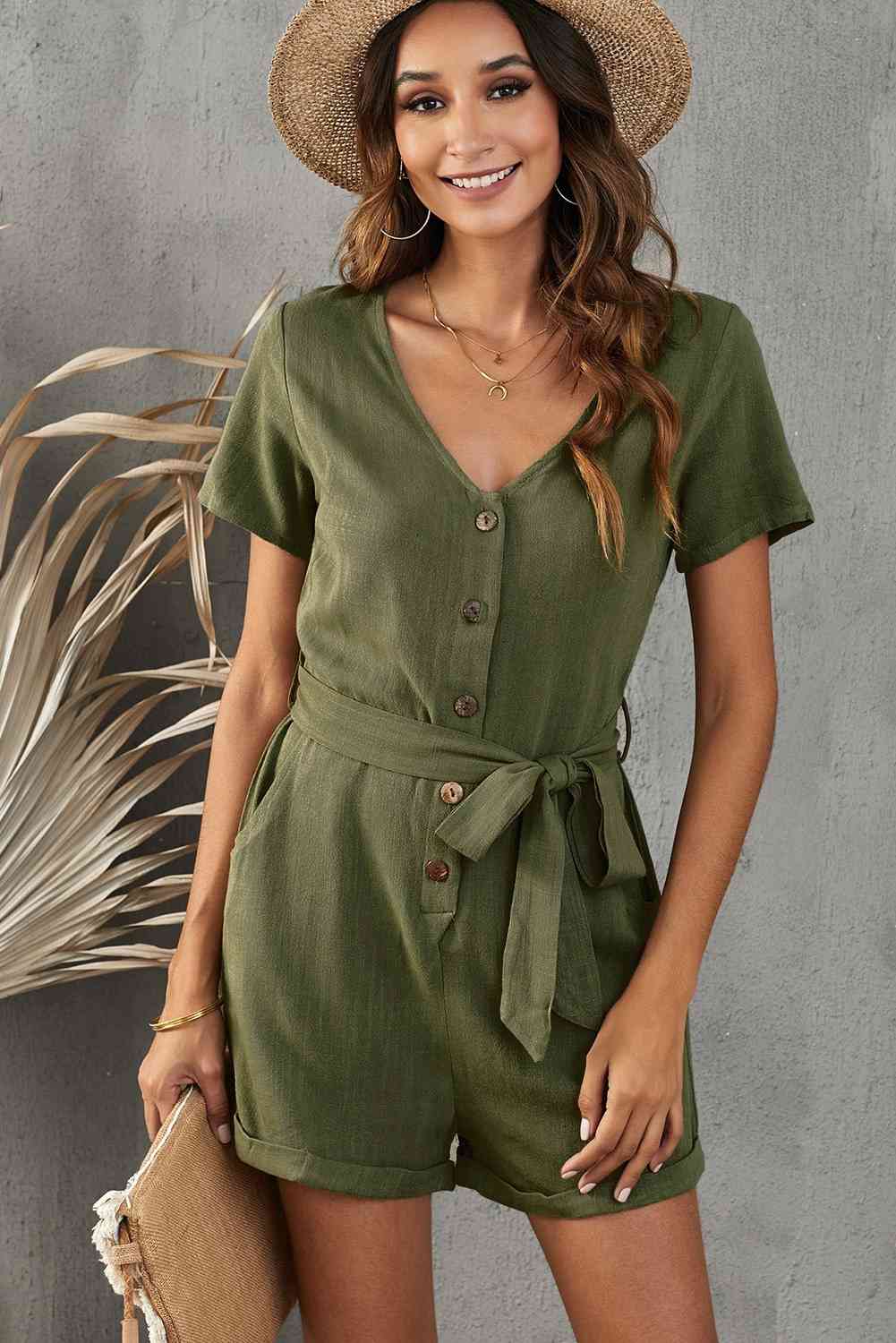 V-Neck Short Sleeve Tie Belt Romper with Pockets - TRENDMELO