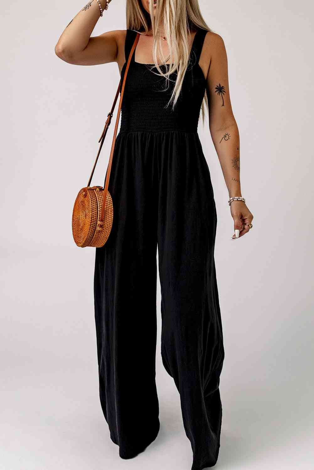 Smocked Square Neck Wide Leg Jumpsuit with Pockets - TRENDMELO