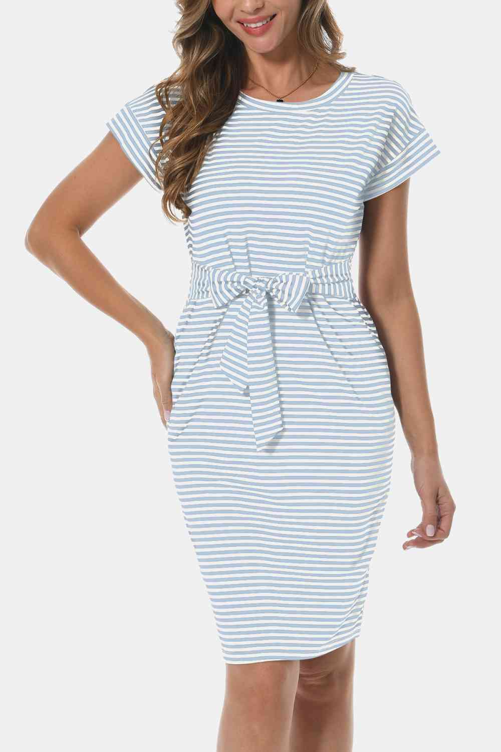 Tie Front Round Neck Short Sleeve Dress - TRENDMELO