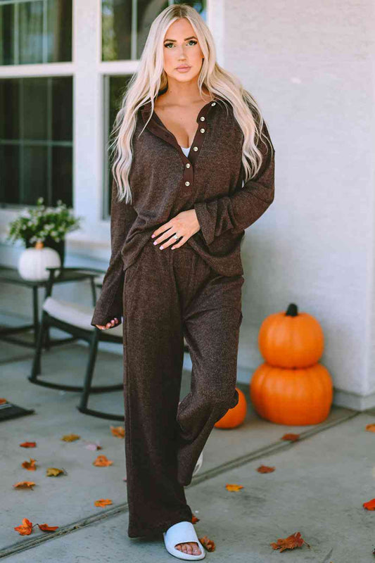 Buttoned Long Sleeve Top and Long Pants Lounge Set - TRENDMELO