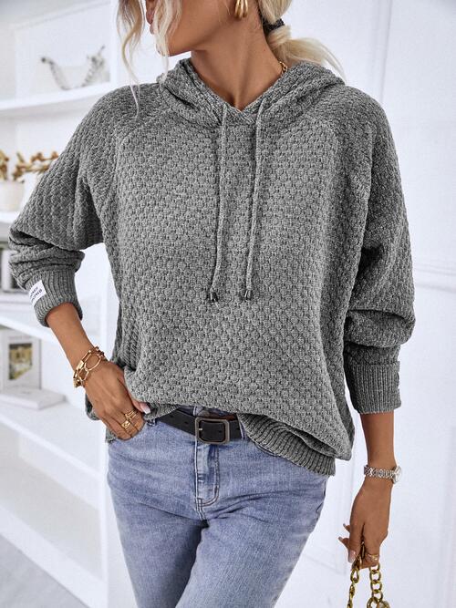 Texture Drawstring Long Sleeve Hooded Sweater - TRENDMELO