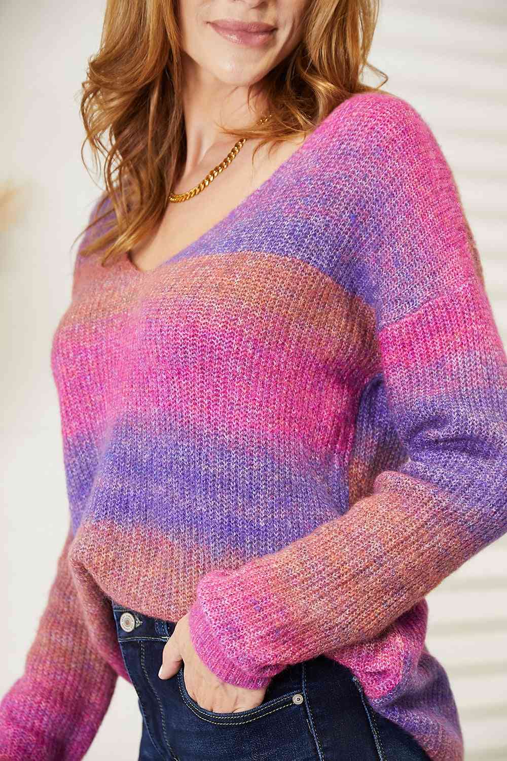 Double Take Multicolored Rib-Knit V-Neck Knit Pullover - TRENDMELO