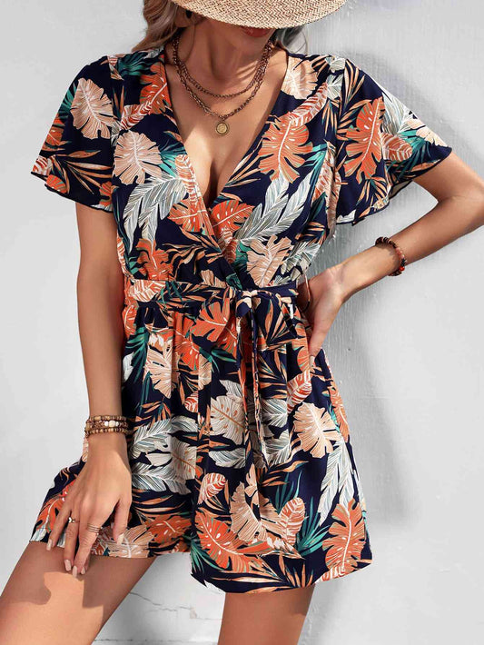 Botanical Print Surplice Neck Tie Waist Romper - TRENDMELO