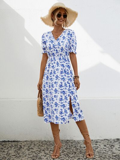 Slit Printed V-Neck Short Sleeve Dress - TRENDMELO