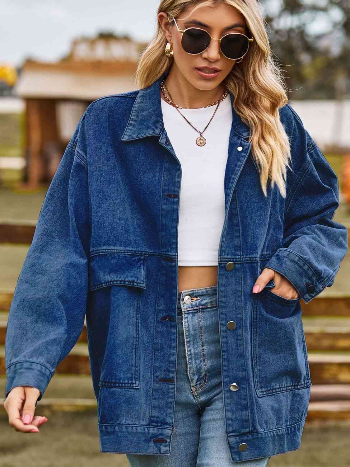 Dropped Shoulder Denim Jacket with Pockets - TRENDMELO